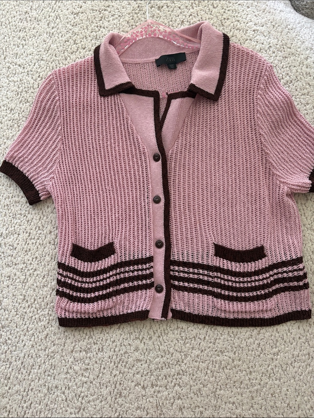 Zara Pink Short-Sleeve Knit Cardigan with Brown Trim